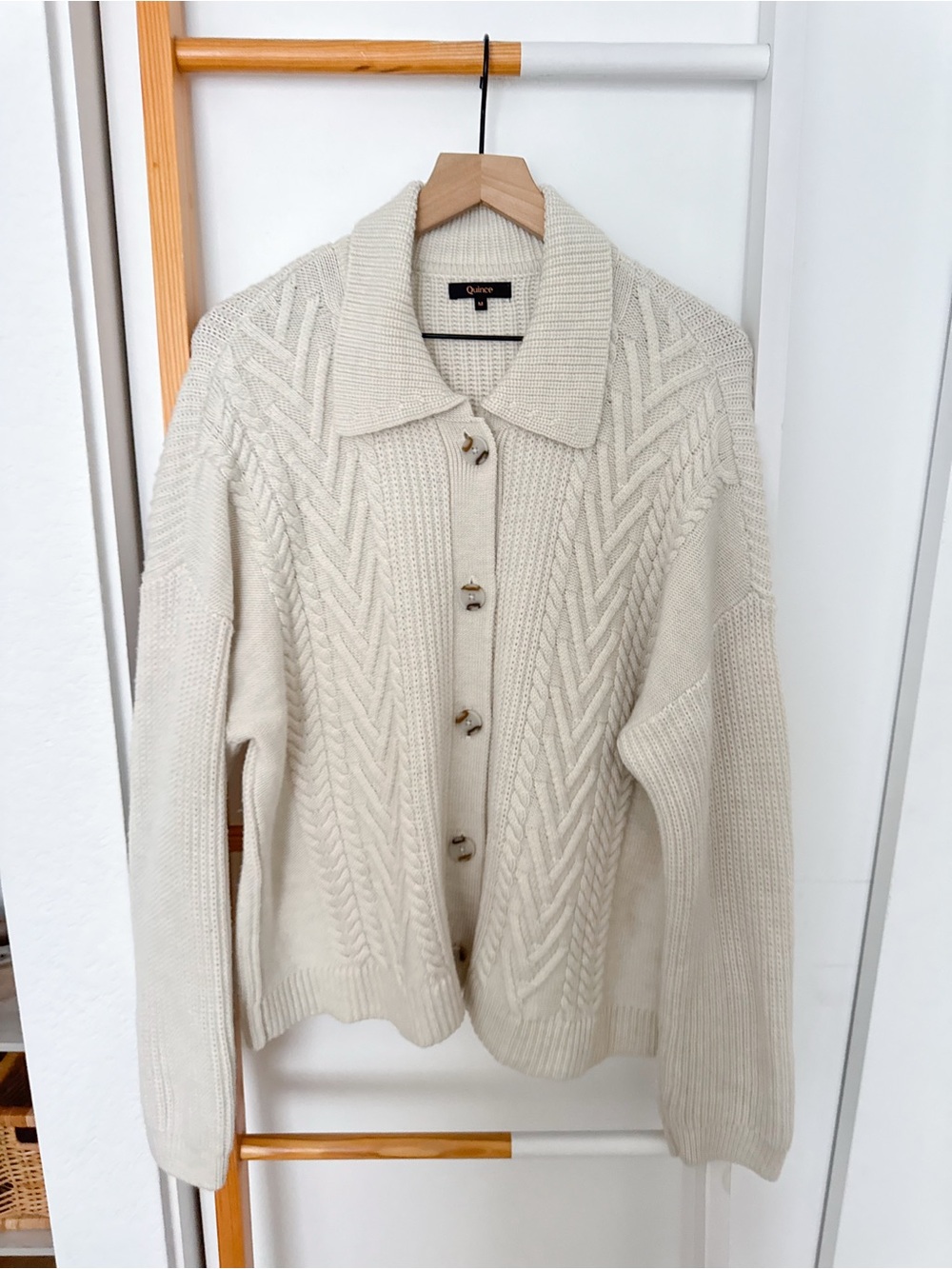 Quince Australian Merino Wool Women's Collared Cable Cardigan Heather Bone Cream - Picture 4 of 13